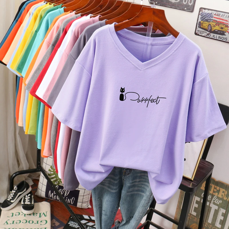 DAYIFUN Women Cotton T-Shirts Ladies Plus Size Short Sleeved Summer Tshirts Korean Loose 100KG Tees Female Casual V-neck Tops