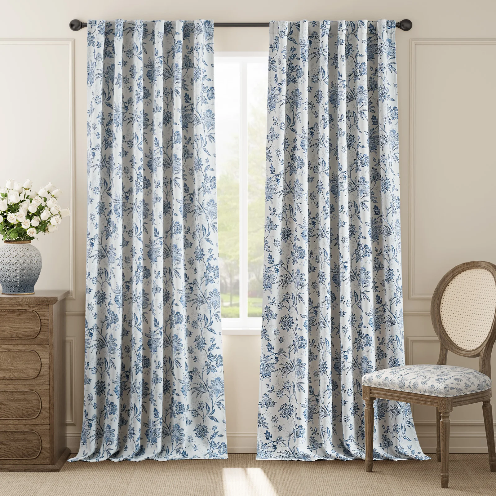 

French Country Blackout Floral Curtains for Bedroom Flower Printed Window Drapes Noise Reducing Back Tab 2 Panels Room Darkening