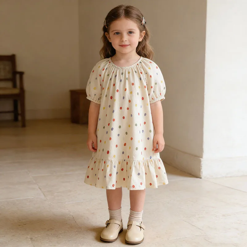

Summer New Girls' Dress Sweet Style Full Print Colorful Polka Dot Puff Short Sleeve Loose Princess Dress for Girls