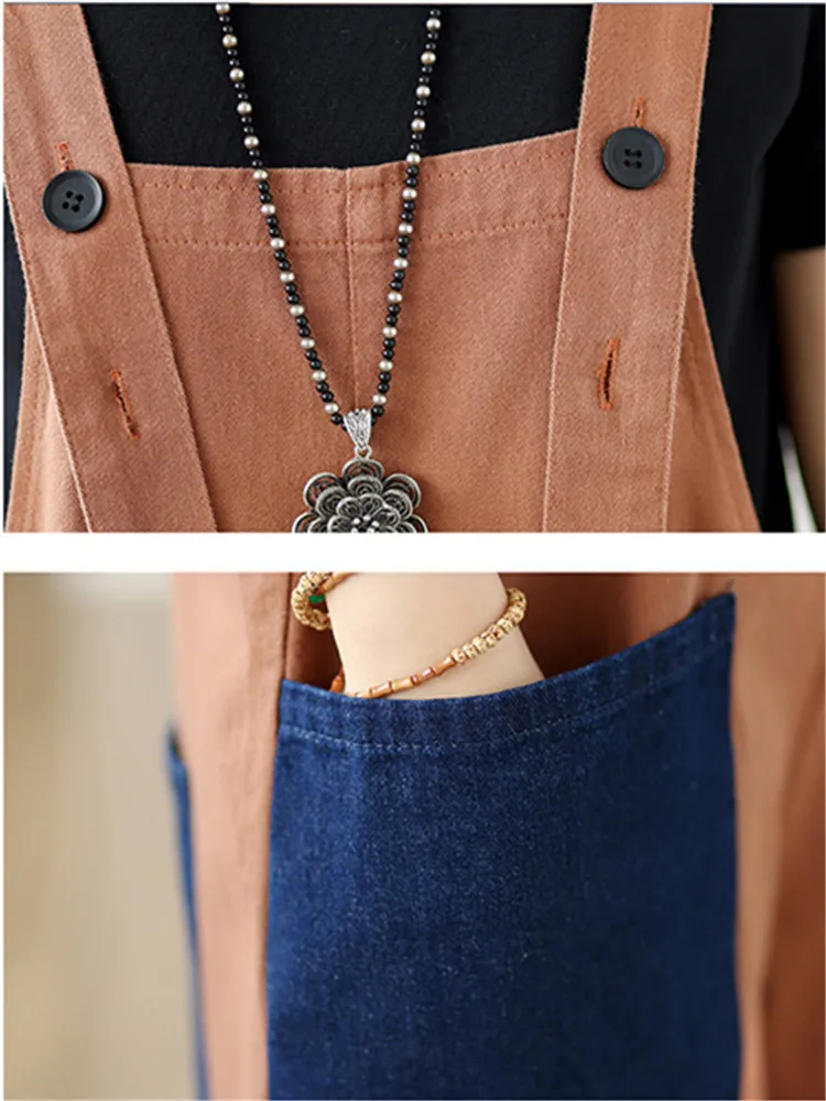 Woman Contrast Pockets Denim Button Overalls Summer New Fashion Loose Fit Wide Leg Patchwork Streetwear Knee Length Short Romper