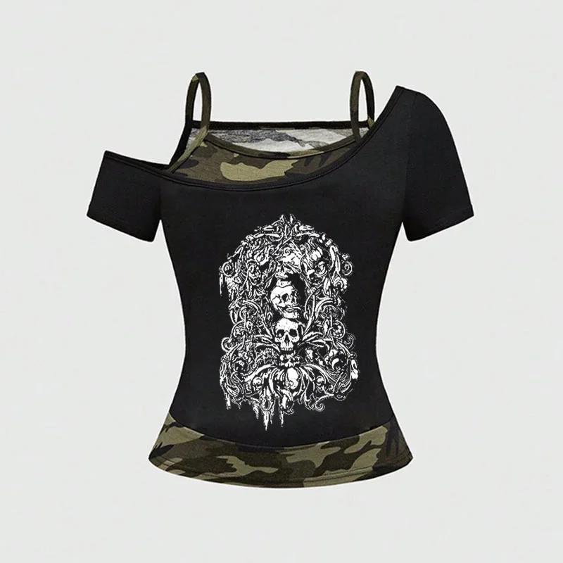 

2025 women's slim fit printed short sleeved T-shirt, lace up T-shirt, skull pattern print, retro, fake two-piece sling set, Off