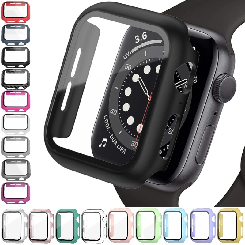 Film de verre pour boîtier Apple Watch, coque PC, pare-chocs, protecteur d'écran, couvercle, iWatch Series 9, 8, 7, 6, 5, 4, 3, SE, 45mm, 41mm, 44mm, 40mm, 42mm