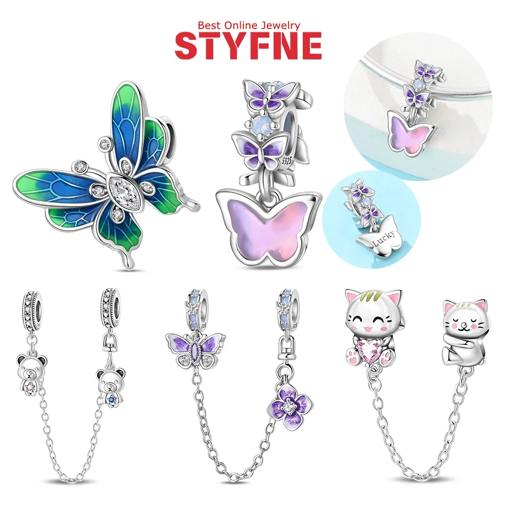 

Charms 925 Silver Purple Butterfly Beads Pendant Cute Cat Safety Chain Fit Diy Original Bracelet Women's Birthday Jewelry Gifts
