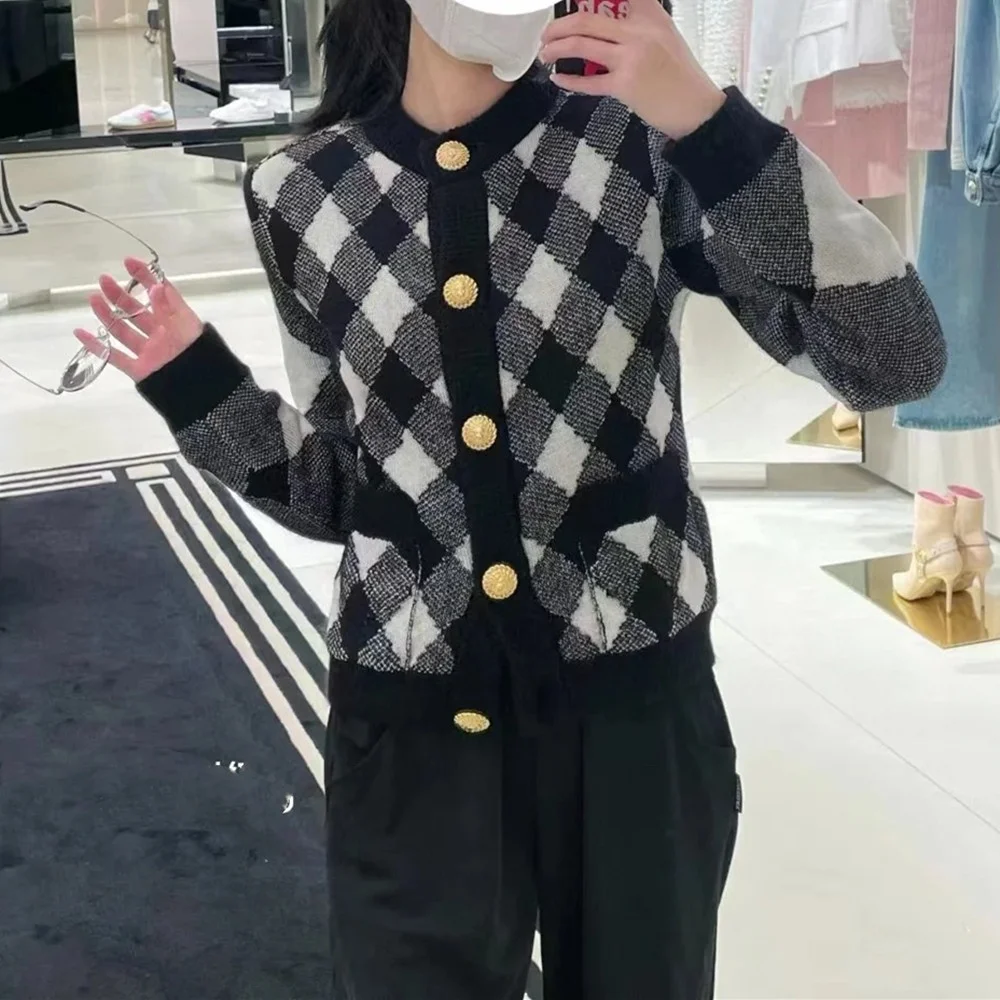 

Высококачественная версия, парижский Sle Gold Bule Bla, белый вязаный кардиган, круглый женский твидовый узор, весна 2023 г.