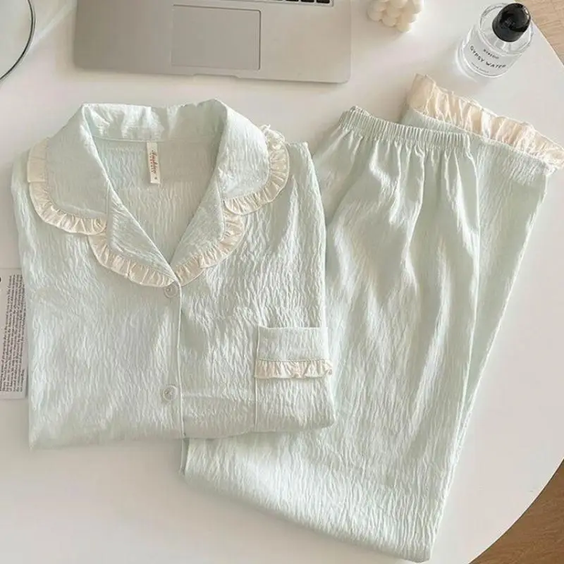 Women's Lace V-Neck Pullover Long Sleeved Long Pant Home Suit Set for Girls In Spring Autumn New Pajamas for Women Two-Piece Set