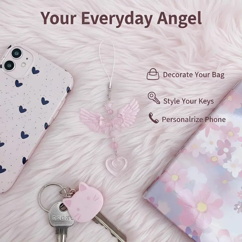 Modischer, lieblicher Anhänger mit Flügeln, Schleife und Herz für Mobiltelefone, süßer Schlüsselanhänger, Accessoire für Damenhandtaschen, Geschenk. – Detail 8