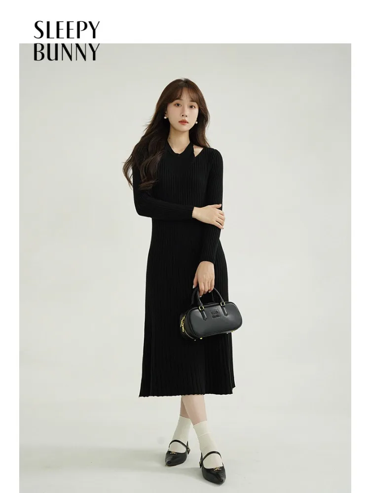 

Elegant Slim Knitted Women Dress Halter Cutout Ribbed Long Dress Waist Fit Bodycon Maxi Dress for Lady Warm Winter Chic Outfit