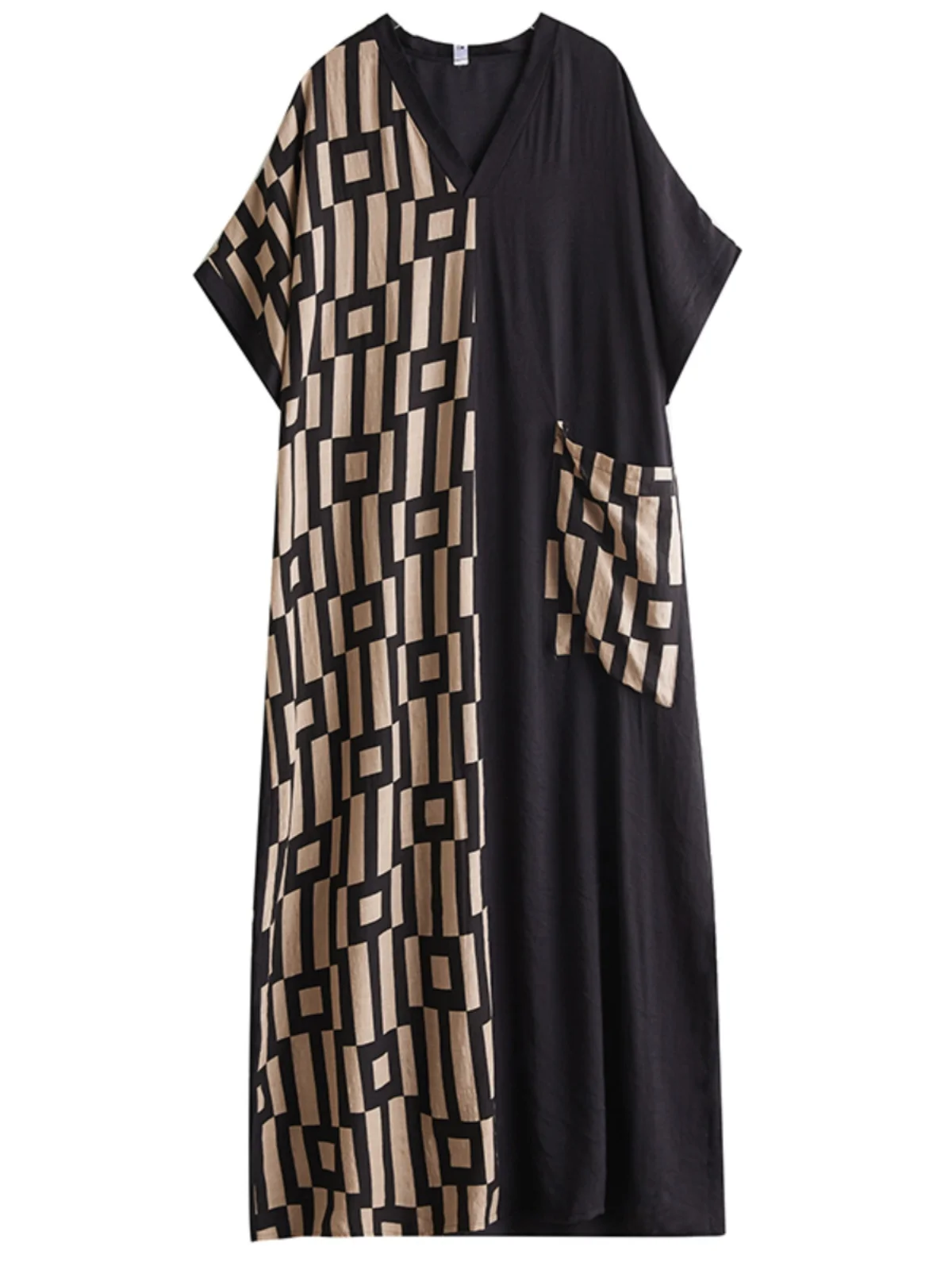 Été nouvelle grande taille minceur V-Ne ort Sve Patchwork longue coton lin Dr Bla jupe trapèze trajet Sle T-shirt...