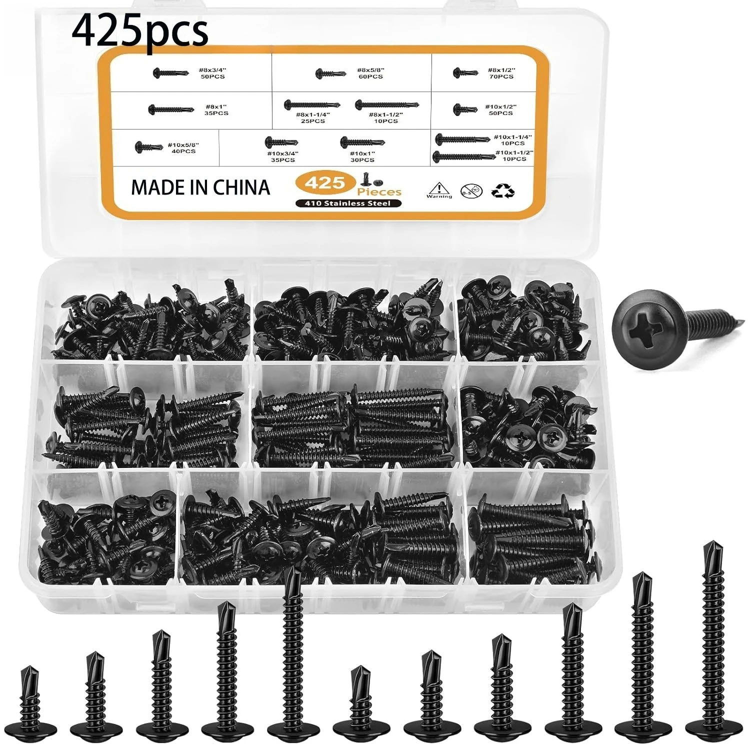 

425pcs #8#10 Modified Truss Head Self-Tapping Screws Assortment Kit 410 Stainless Steel Self Drilling Screw for Sheet Metal Wood