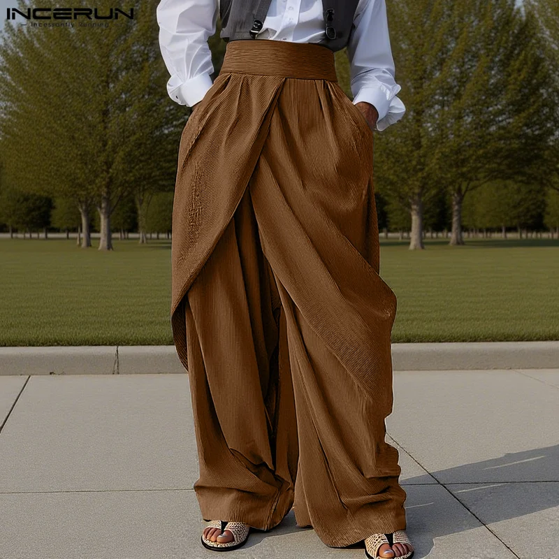 

Men Wide Leg Pants Joggers Solid Color Pleated Elastic Waist Fashion Long Pants Streetwear 2025 High Waist Trousers Men INCERUN