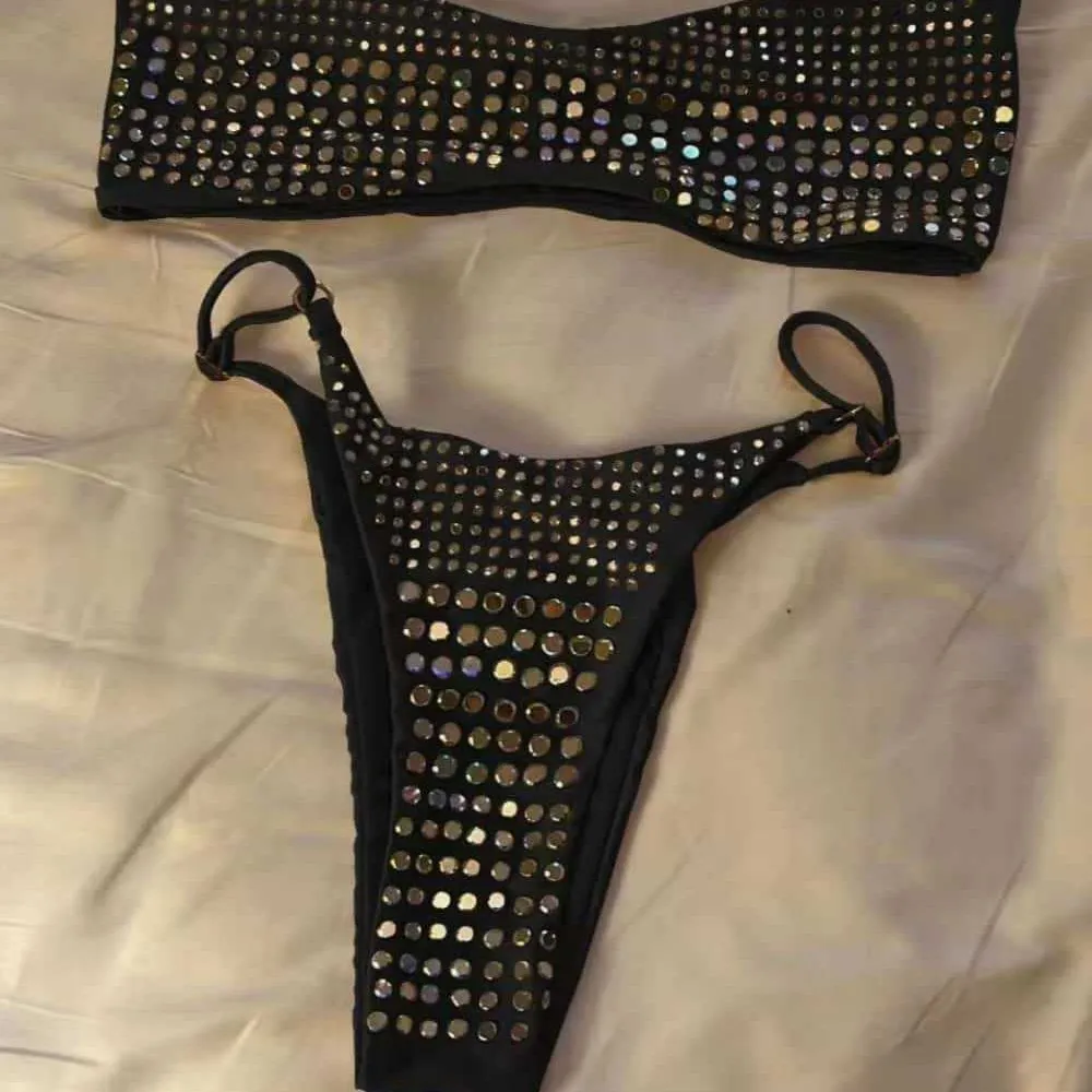 Bikini negro de lujo 2026, Mini traje de baño Sexy con diamantes de imitación y realce para mujer, traje de baño brasileño para playa, traje de baño con Tanga, Bikini