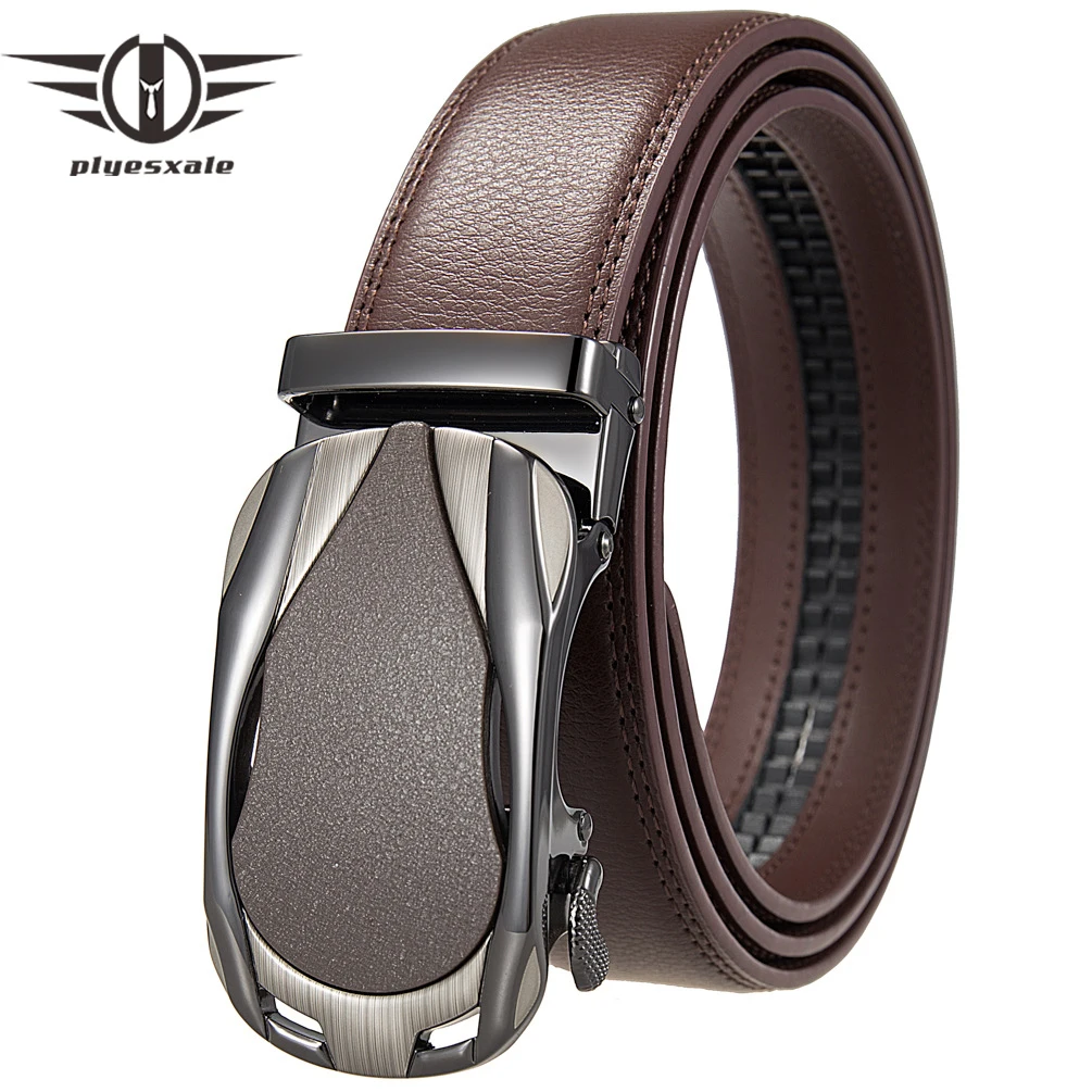 Plyesxale Coffee Belts Men High Quality Male Genuine Leather Cowskin Belt Straps Fashion Automatic Buckle Mens Belt Casual B1539