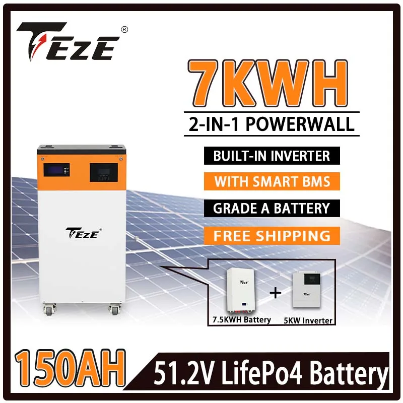 

TEZE 7.5KWH Powerwall 48V 150AH LifePo4 Battery Built-in BMS Inverter All-in-One for Solar Power Energy Storage NO TAX