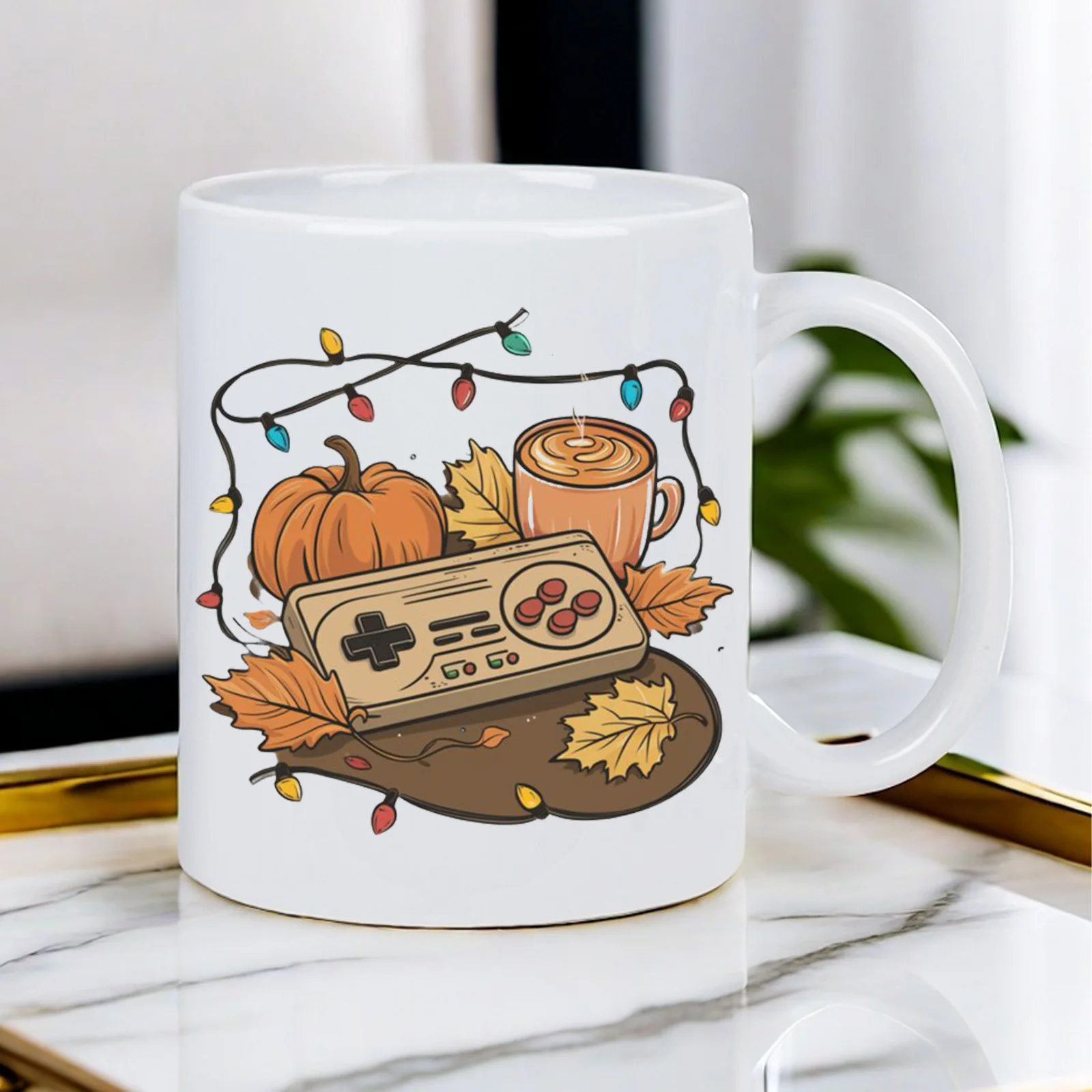 Autumn Gamer'S Delight Mug - Retro 80s Video Game Design with NES Controller, Dishwasher Safe Ceramic Cup for Coffee, Tea - Vint