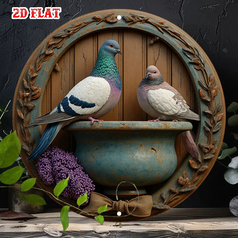 2D Flat, 2D Flat 1pc Pigeon 7.8X7.8Round Aluminum Sign, Birds Round Aluminum Sign, Pair Metal Tin Sign - Feeding Rustic Metal