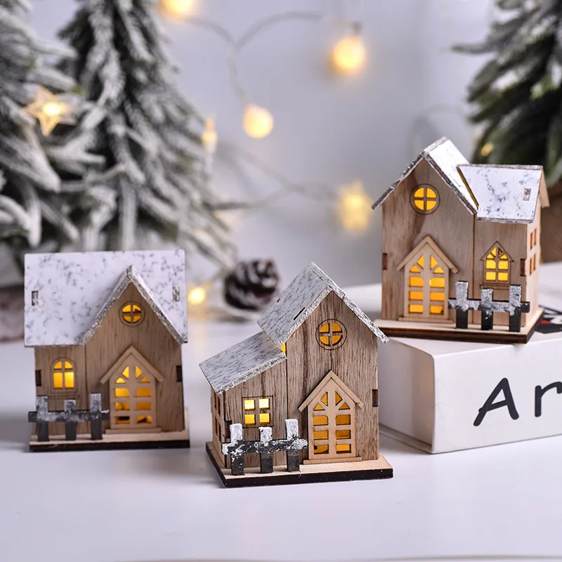 DIY Luminous Cabin Led Light Wooden House Xmas Tree Ornaments Merry Christmas Festival Kids Gifts Home Decoration ﻿