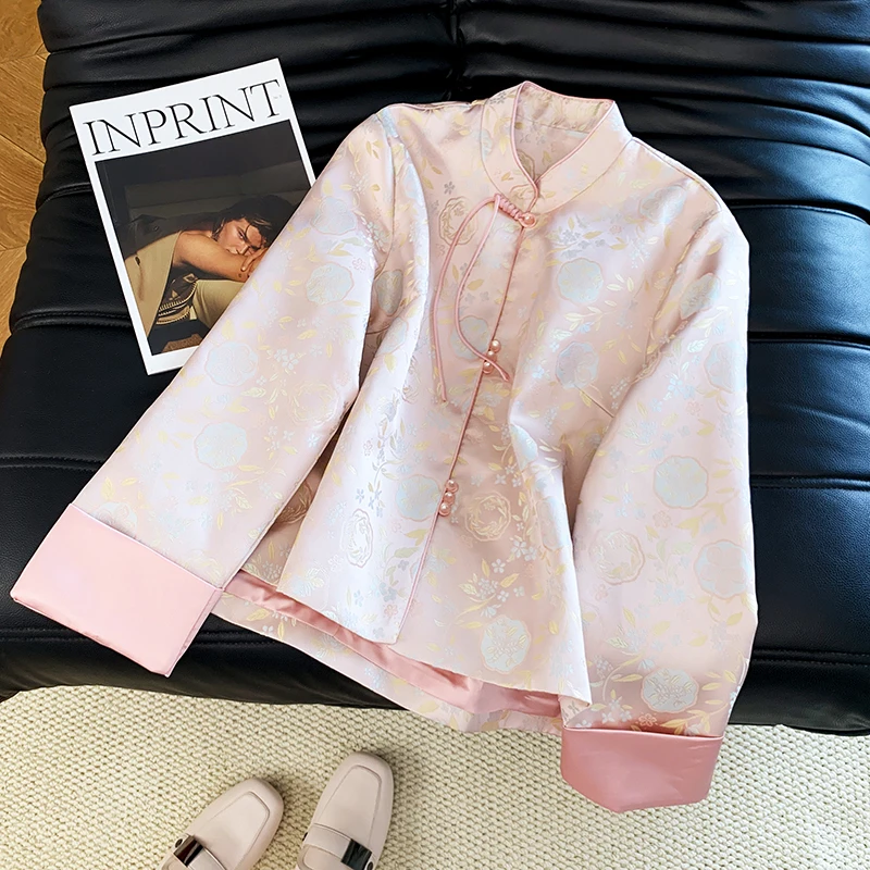 

Женский топ Ханьфу Ele Lady из шелкового атласа с длинными рукавами, воротником-стойкой и сложной вышивкой, в традиционном китайском стиле, модная женская одежда