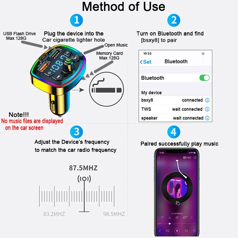 Car MP3 Player Fm Transmitter Wireless Bluetooth 5.0 Audio Receiver Handfree Type-C Dual Usb Car Fast Charger Car Kit