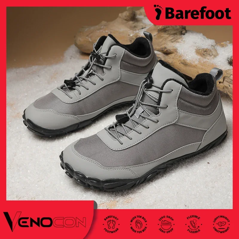 VENOCON PINGKEE Winter Barefoot Athletic Leather Wide Nose Shoes Men Women Sports High Snow Boots Sneakers With Fur Footwear