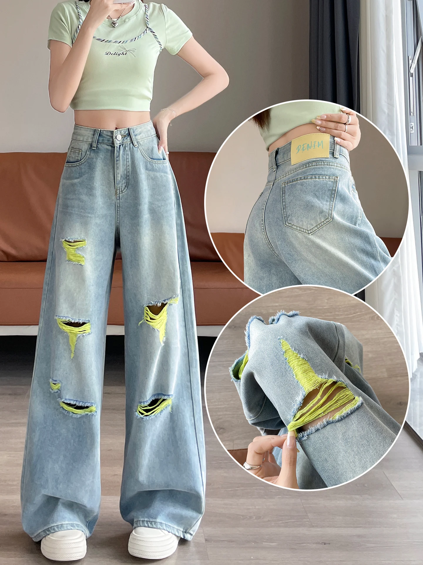 

High Waist Wide Leg Denim Jeans Women's Summer Design Sense Pear ape plus Size Slimming Destructed Color Blo Floor Length...