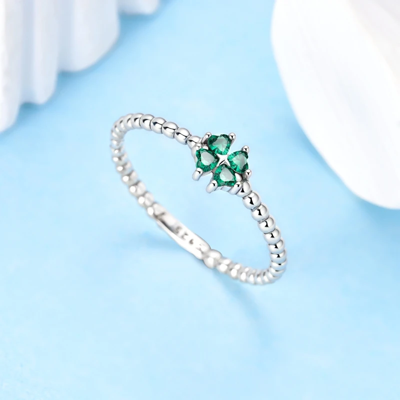 

Original 925 Sterling Silver Sparkling Vintage Dewdrop Four-Leaf Clover Ring For Women Girls Jewelry Birthday Anniversary Gifts