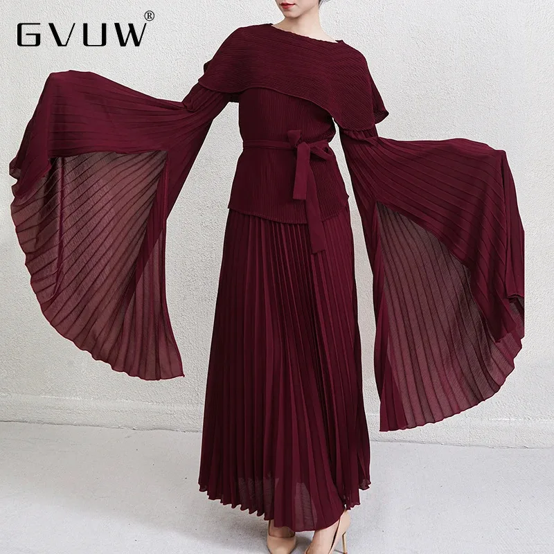 GVUW Pleated 2 Pieces Set Women Evening Party Lapel Full Sleeve T Shirt + A Line Long Skirt Lace-up Elegant Clothing 17G8964