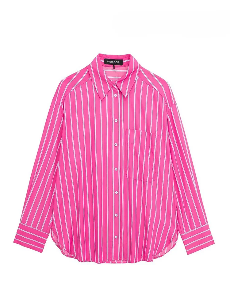 

RuChic Women Fashion 2024 Summer Rose Red Striped Single Breasted Shirt New Women's Casual Loose Lapel Long Sleeved Tops Traf