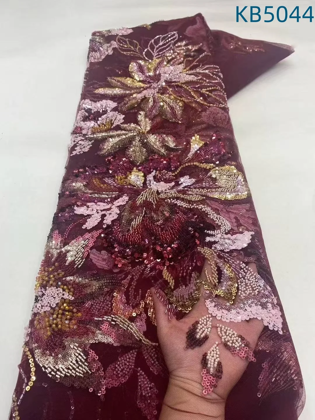 Tecido de renda africano 5 jardas de alta qualidade 2025 3d flor frisada bordado tecidos de renda lantejoulas tule renda para costura kb5044