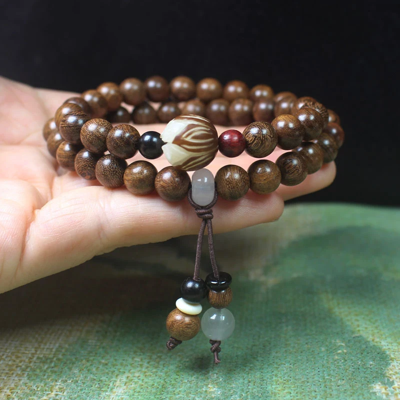 

Браслет из золотого сандалового дерева с лотосом и двойным кругом, 8 мм, унисекс, ручные молитвенные четки и буддийские украшения