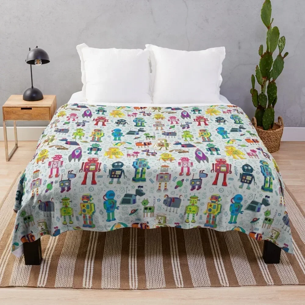 

Robots in Space - grey - fun Robot pattern by Cecca Designs Throw Blanket Polar Decorative Sofas Cute Plaid Blankets