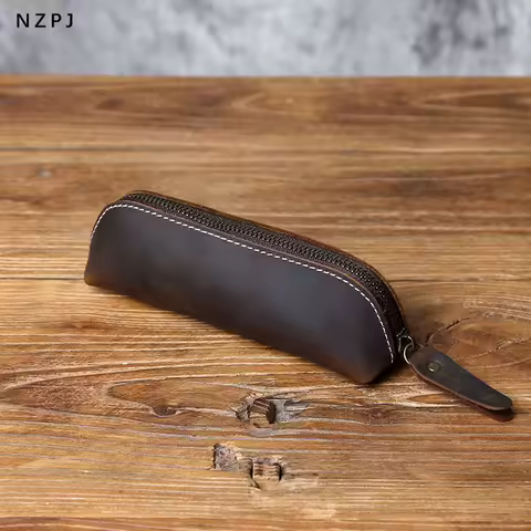 Retro Genuine Leather Pen Bag Crazy Horse Leather Pen Box Storage Bag Zipper Glasses Box Learning Supplies Stationery Wallet Bag