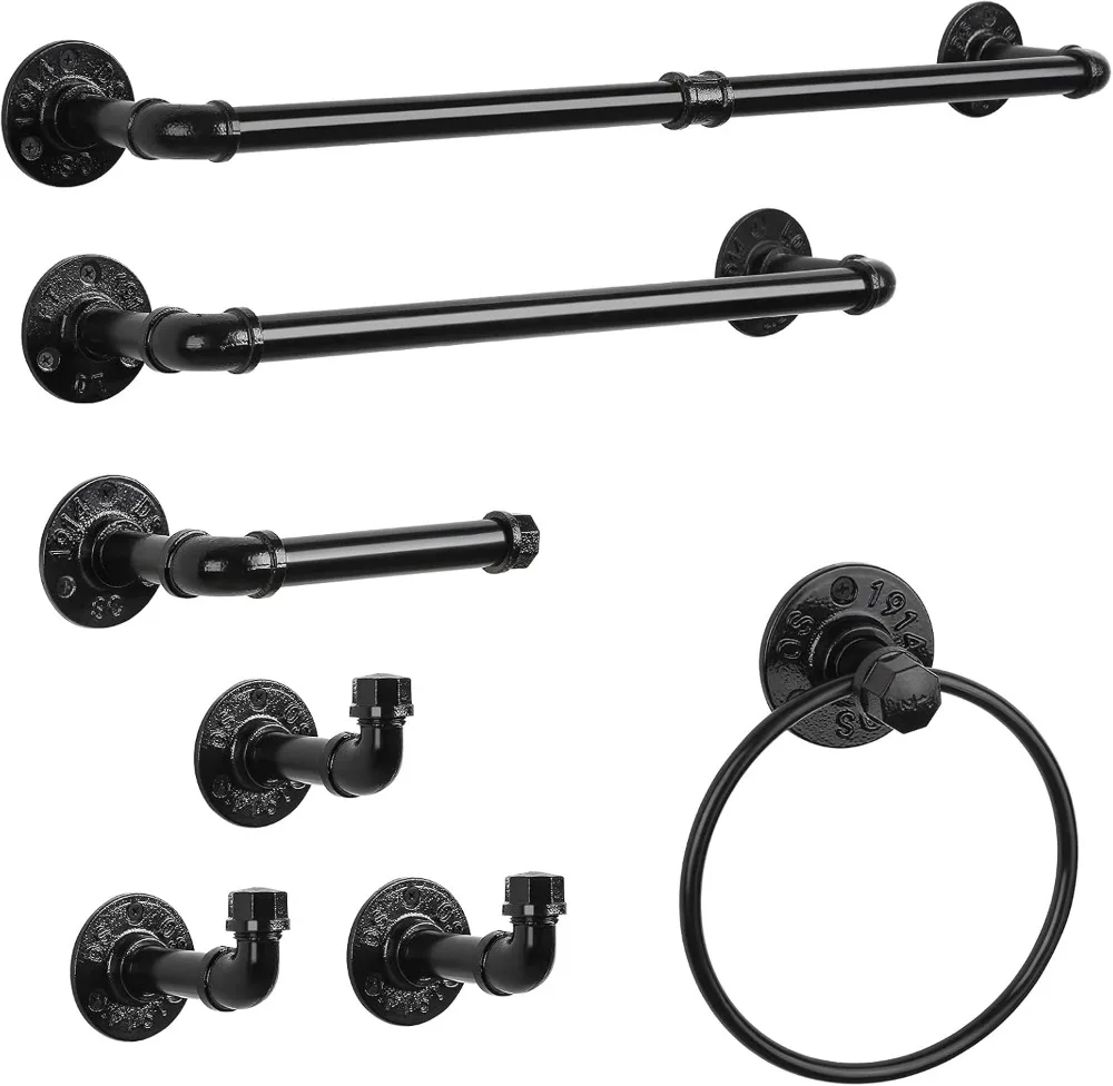 

7-Piece Industrial Farmhouse Bathroom Hardware Set with Towel Bar, Paper Rack, and Toilet Holder