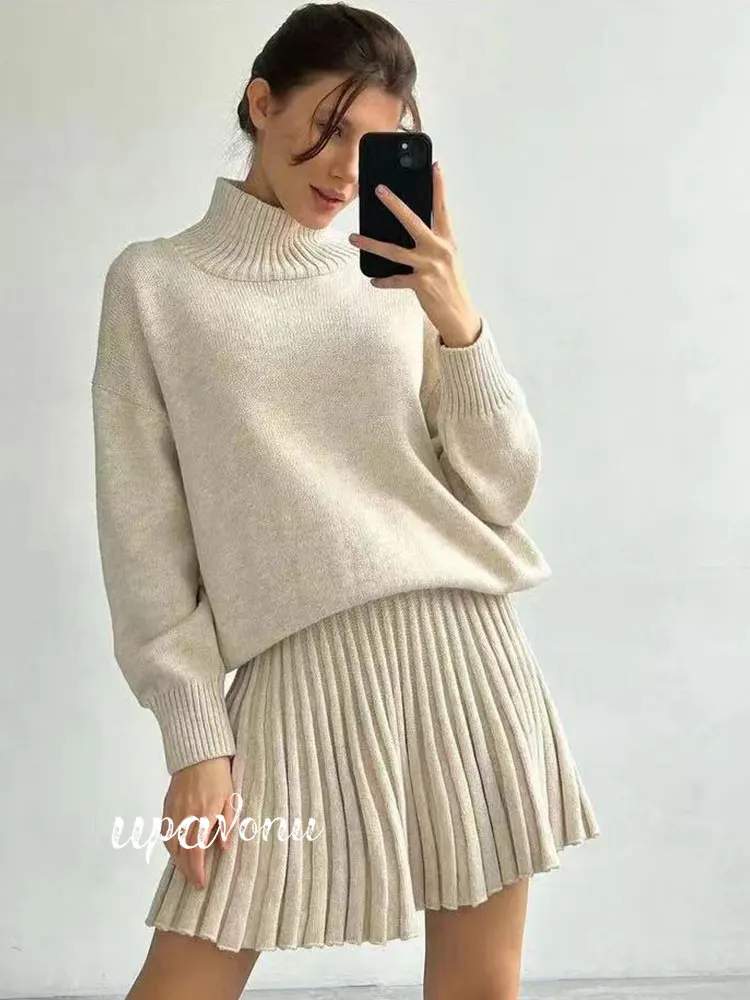 Women Pleated Skirt Suit 2022 New High Neck Long Sleeve Loose Pullover Knit Sweater & High Waist A Line Mini Skirt Two Piece Set