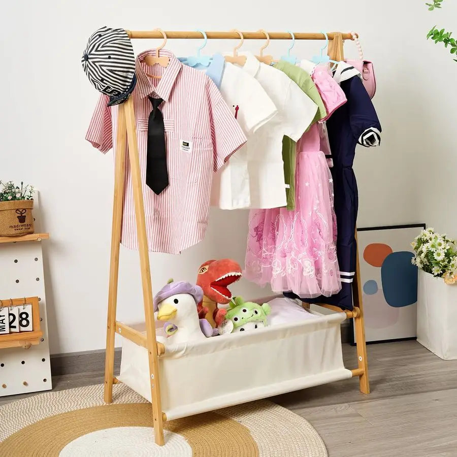 Bamboo Kids Clothing Rack with Storage Box Foldable,Kids Dress Up Rack with Hooks Rod, Organize Dress Up Storage School Uniform
