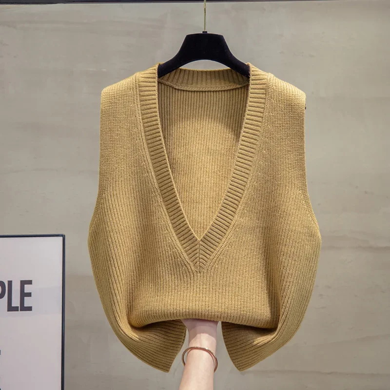 Popular Solid Color V-neck Knitted Sweater Women Vest Spring Autumn Loose Lazy Style Sleeveless Tank Top Clothing Accessories