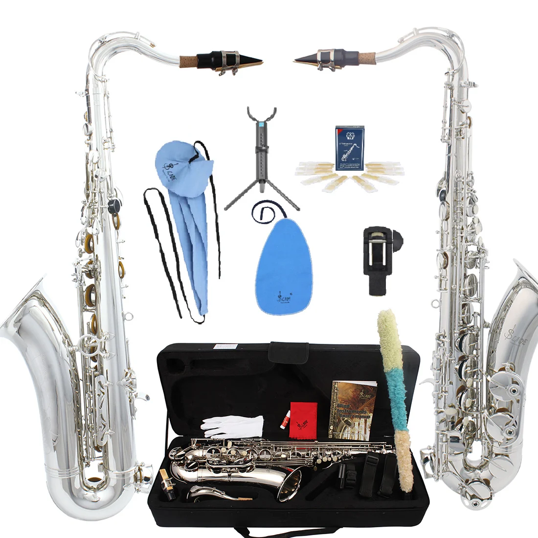 ﻿ SLADE-Bb Silver Tenor Saxophone, Professional Brass Body, Tenor Sax Adjustment Sax with Accessories, Beginner Set