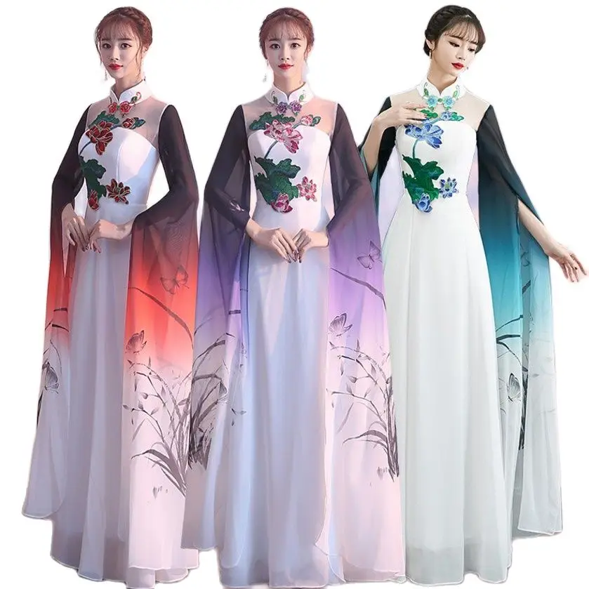 Chinese Classical Dance Costume Cheongsam Style Long Sleeve Women Fairy Dress Vestido Stage Performance Wear