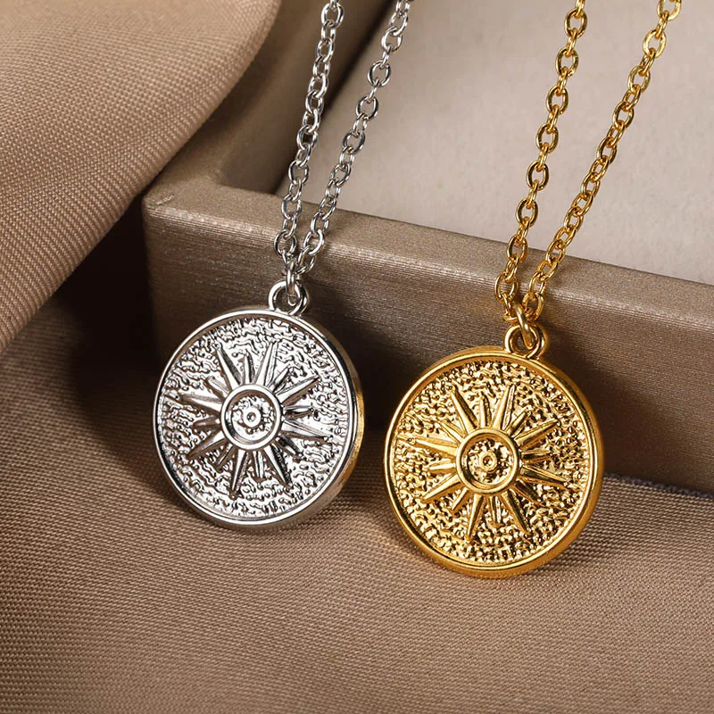 Vintage Sun And Moon Pendant Necklace For Women Geometry Necklace Gold Color Stainless Steel Chain Fashion Bohemia Jewelry Gift