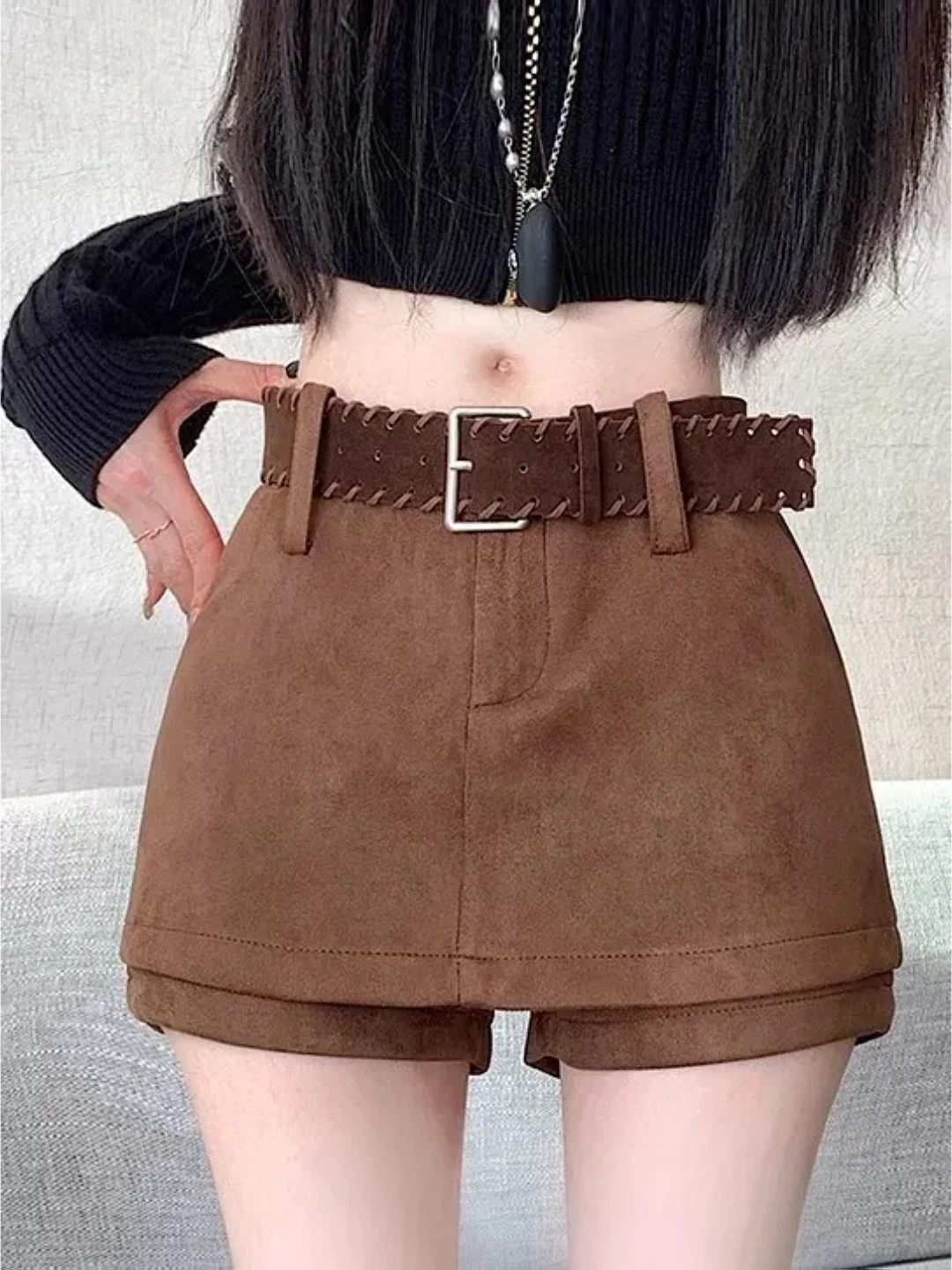 

Женские повседневные юбка-шорты с высокой талией из замши, расклешенные, А-силуэт, облегающие, зимние, модные, сексуальные, стройнящие, трендовые