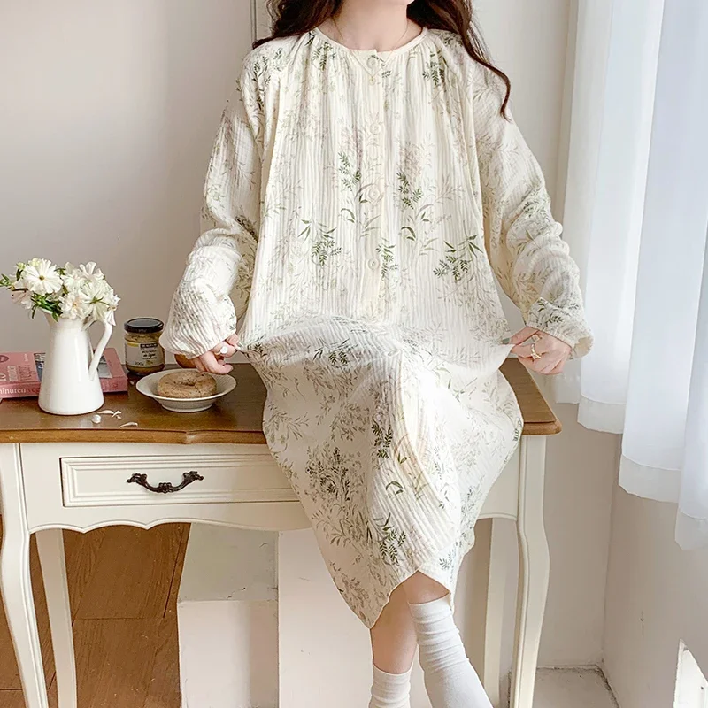 100% Cotton Double Gauze Nursing Night Dress for Maternity Long Sleeve Floral Print Robe Sleepwear Pregnancy Home Hospital Wear