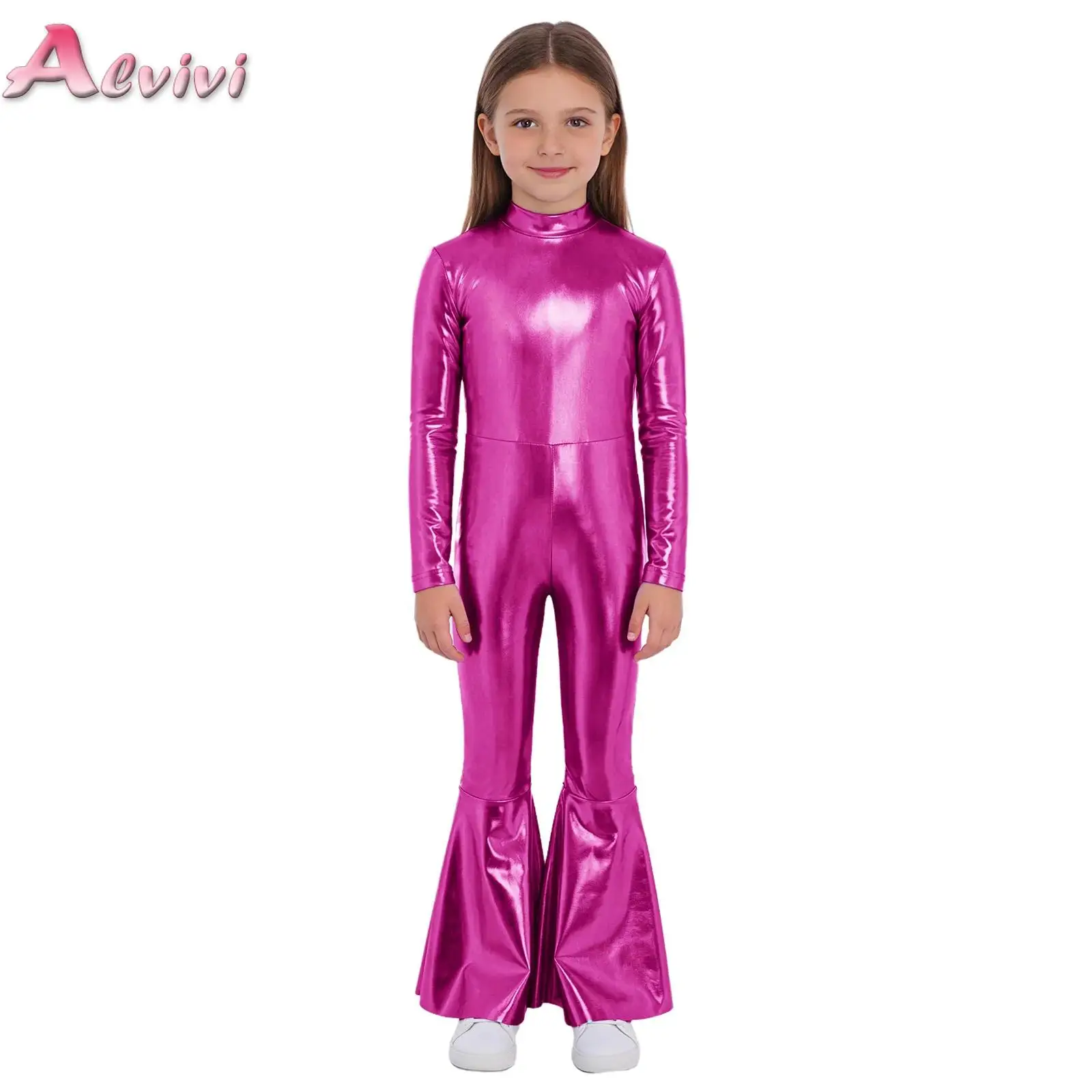 

Kids Girls Shiny 70s Disco Flared Jumpsuit Halloween Cowgirls Hippie Cosplay Costume Metallic Bell Bottom Party Romper Dancewear