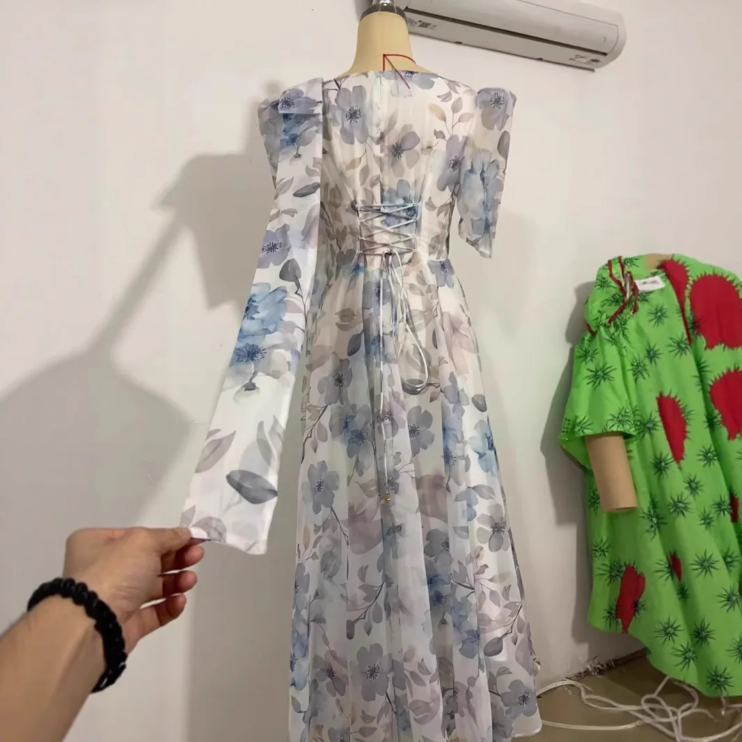 女性プリントドレス Aライン半袖ロングドレス スリムフィット エレガントスクエアカラー スプライスドレス パーティー プロム サマードレス