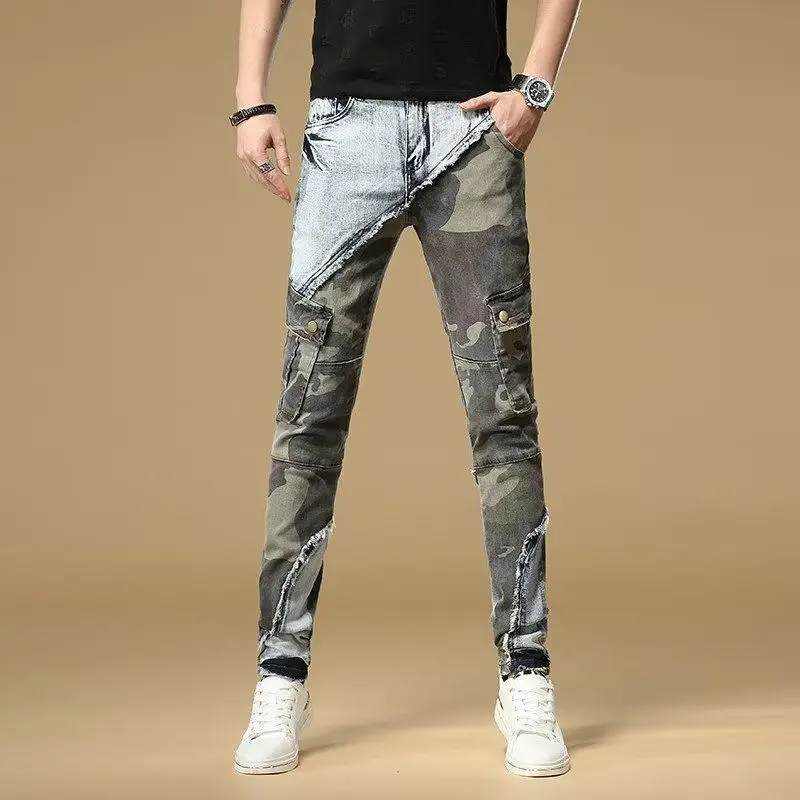 Mens Clothes Thin Stretch Jeans Men's Slim-fit Thin Nostalgic Small-footed Pants Ripped Splicing Pleated Mecha Designer Pants