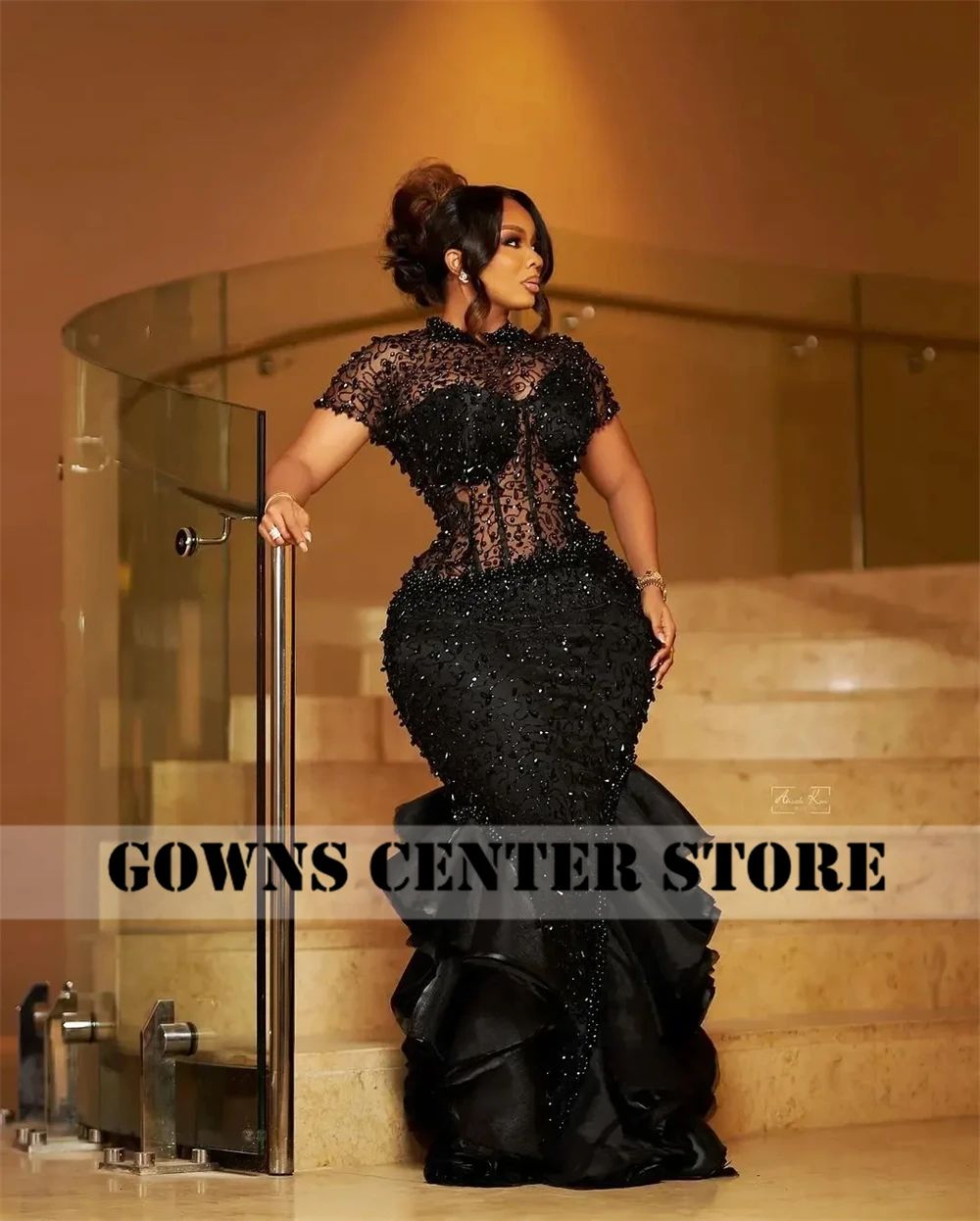 Black Short Sleeves Aso Ebi Luxury Evening Dresses 2024 Beaded Rhinestones Mermaid Party Gowns African Ladies Dress Customized