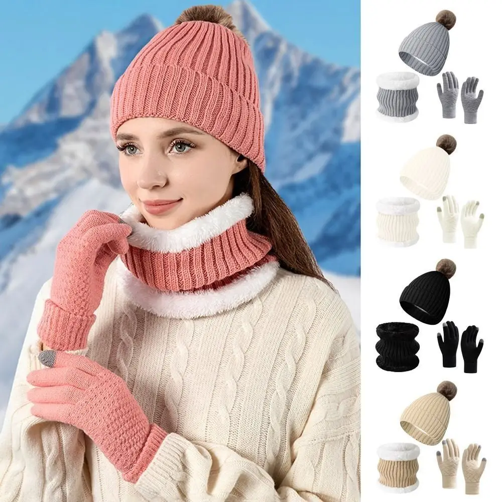 3Pcs/Set Warm Winter Hat Scarf Gloves Set Lining Windproof Scarf Neck Warmer Thicken Elastic Touchscreen Gloves for Men Women