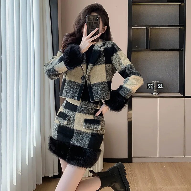 

Women's woolen 2-pcs set, lapel suit jacket+high waisted skirt, 2026 new autumn and winter Xiaoxiang style sub set