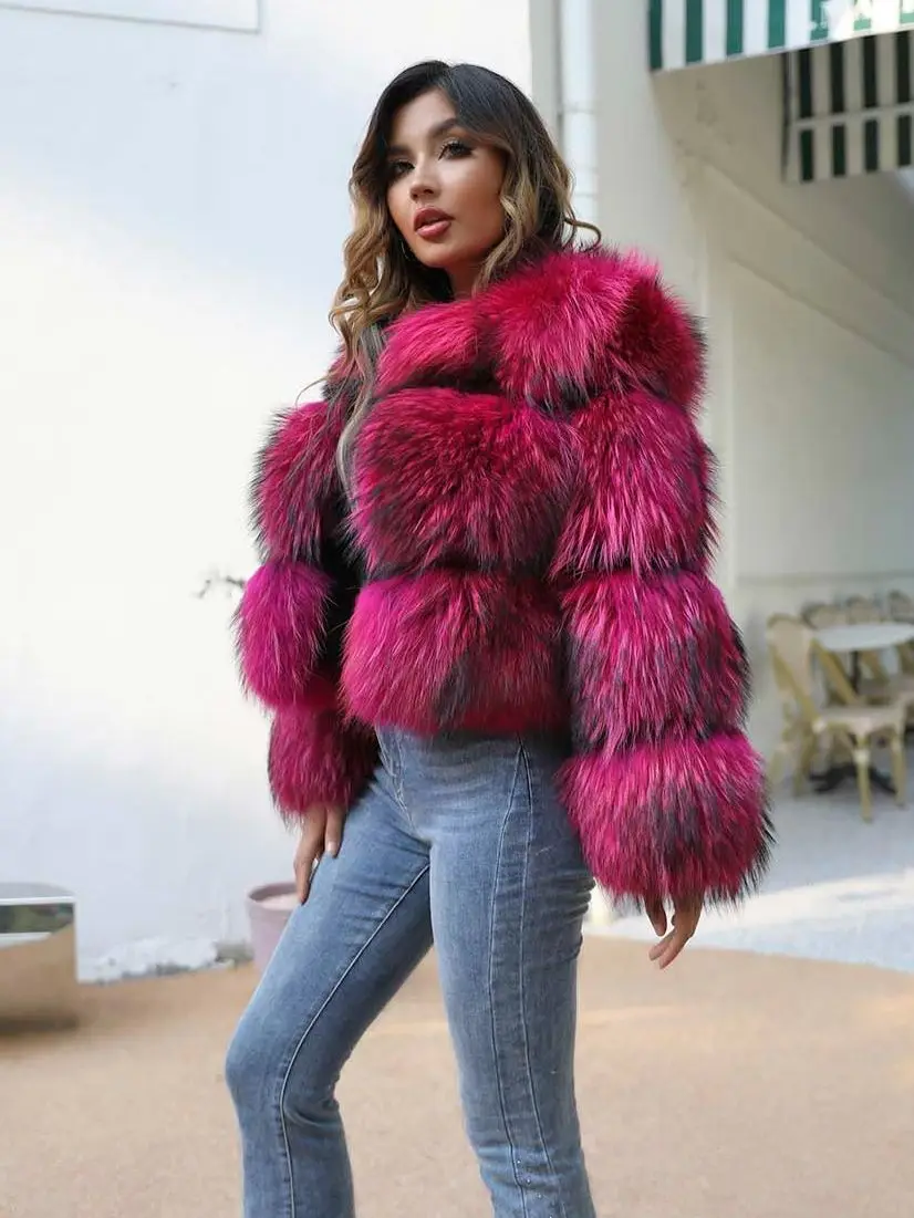 MISSJANEFUR Raccoon Fur Jacket Luxury Women 2022 Fluffy Full Real Fur Outerwear Wholesale Custom Thick Warm Female Winter Coat