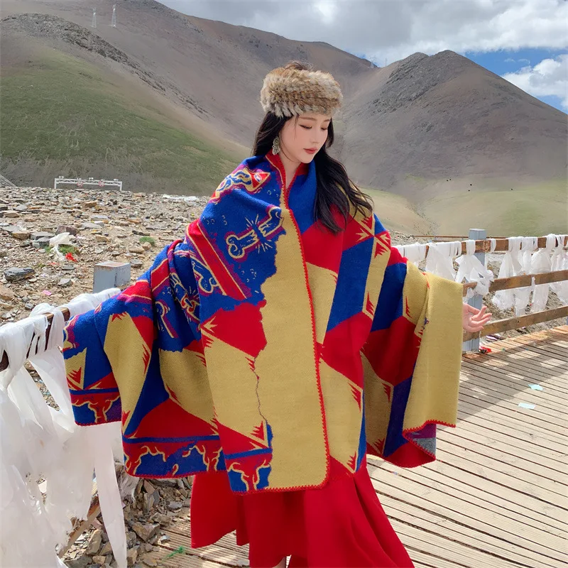 Ethnic style Poncho travel wear cape shawl spring autumn winter  scarf women Xizang blanket cloak Self driving tour to keep warm