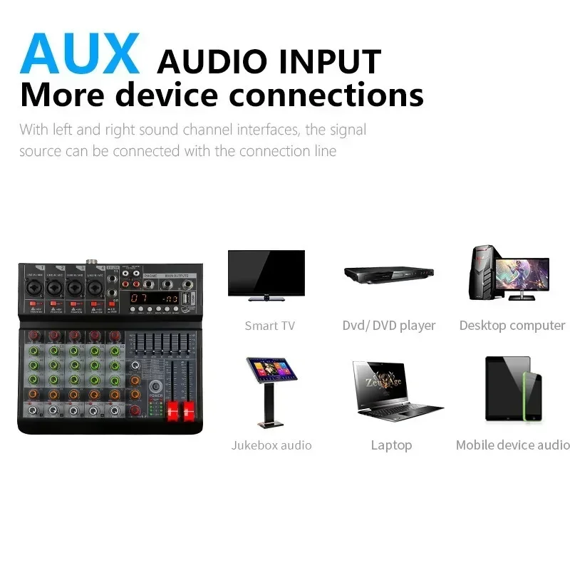 6 ช่องสตูดิโอเครื่องผสมเสียง USB อินพุตสเตอริโอ 2 ช่อง DJ Sound Controller สําหรับเพลงคาราโอเกะคาราโอเกะอินเทอร์เฟซผสมบอร์ด PC