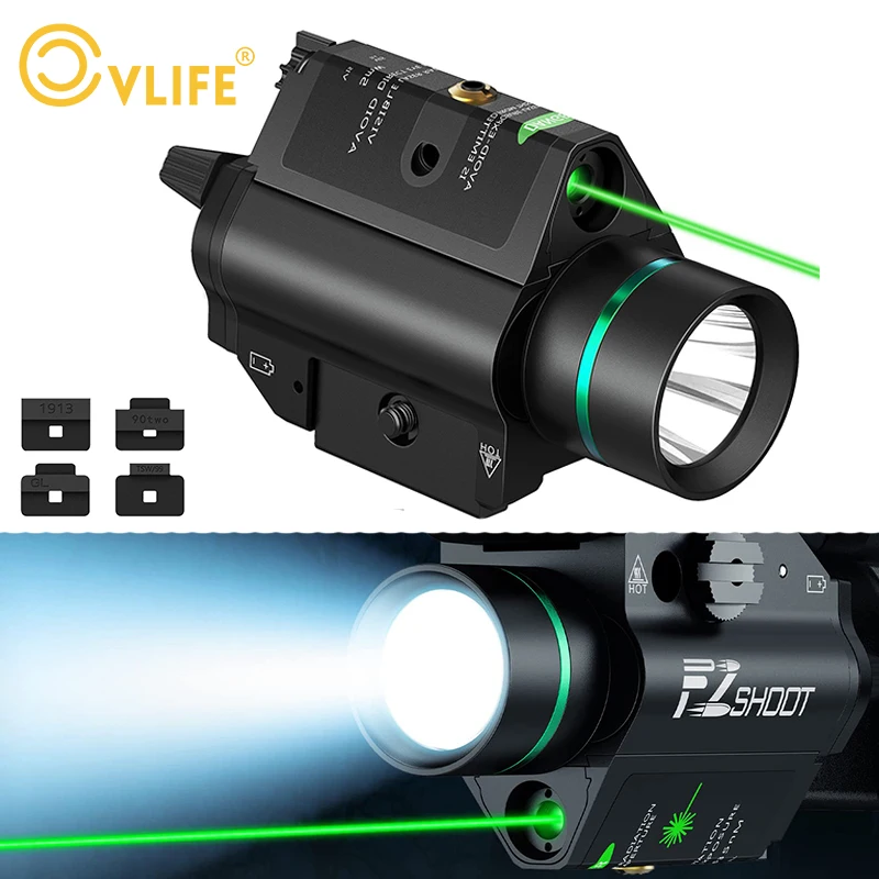 CVLIFE Tactical Weapon Flashlight 4 Locating Keys Green Dot Laser Sight Military Airsoft Pistol Gun Light for Glock 17 19 / 20mm